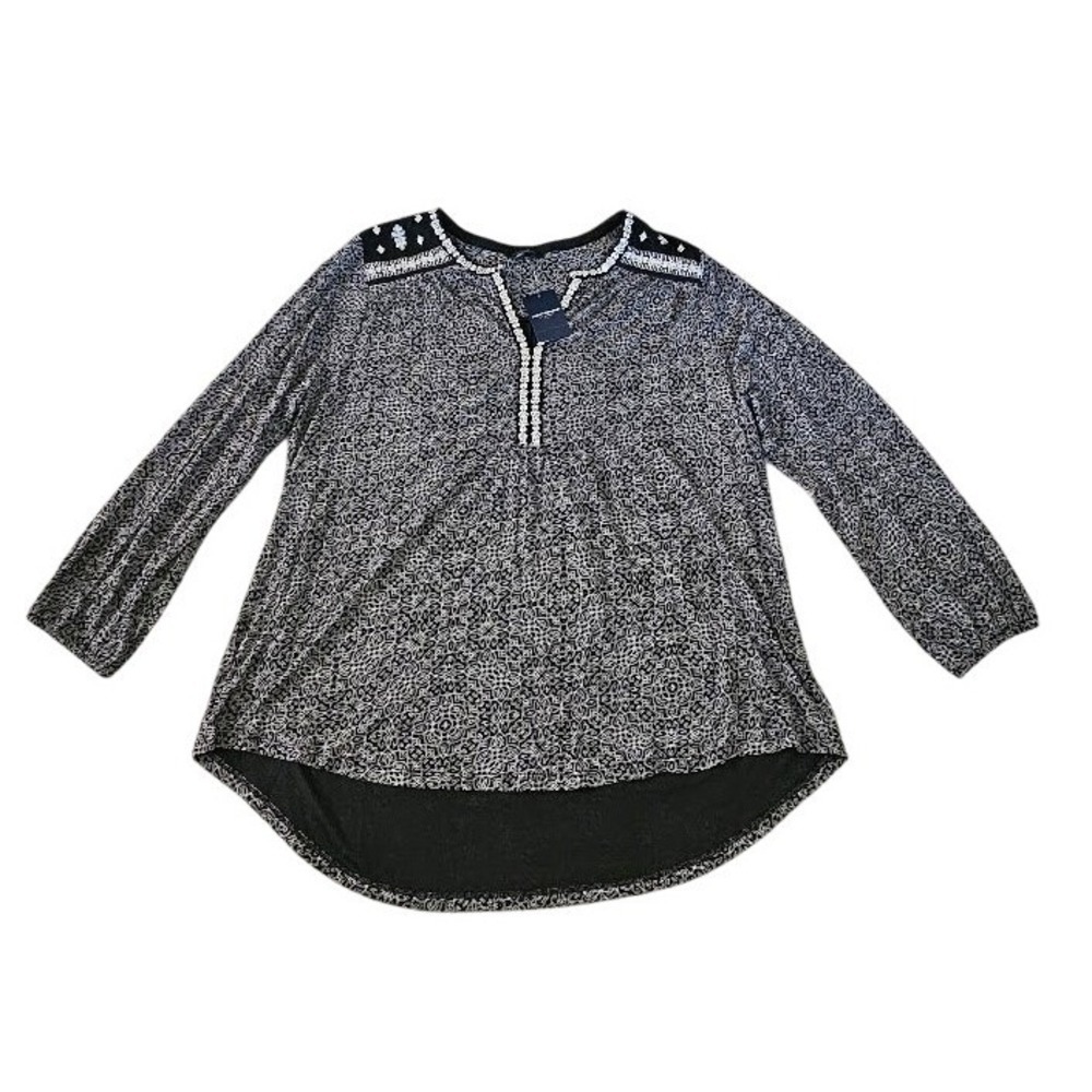 Lucky Brand Peasant Top Womens 2X Black White Medallion Print Embroidered Boho